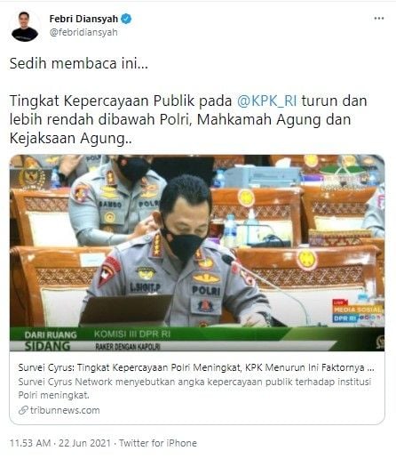 Febri Diansyah soroti tingkat kepercayaan publik ke KPK rendah (Twitter)