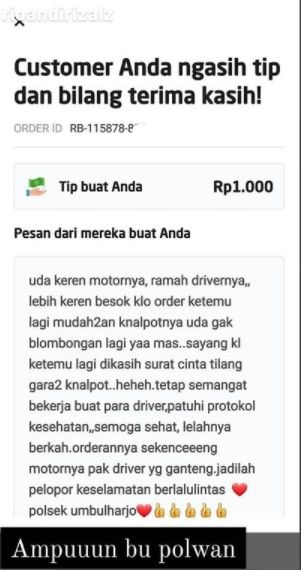 Pesan dari penumpang untuk driver ojol. (Instagram/gojek24jam)