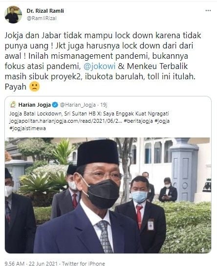 Rizal Ramli sebut Jokowi sibuk proyek, bukan atasi pandemi (Twitter)