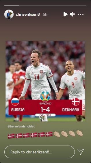 Eriksen mengunggah ulang konten milik akun resmi Timnas Denmark, @herrelandsholdet yang menampilkan kemenangan Tim Dinamit lengkap dengan skor 4-1. [Instagram@chriseriksen8].