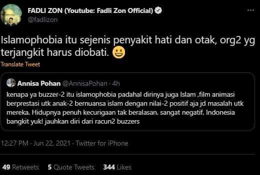 Fadli Zon Komentari Cuitan Annisa Pohan Soal Buzzer Islamophobia. (Twitter/@fadlizon)