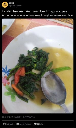 Viral Curhatan Warganet, Berujung Makan Kangkung Setiap Hari Gegara Ucap Hal Ini ke Ibu. (Twitter/FFOODFESS)