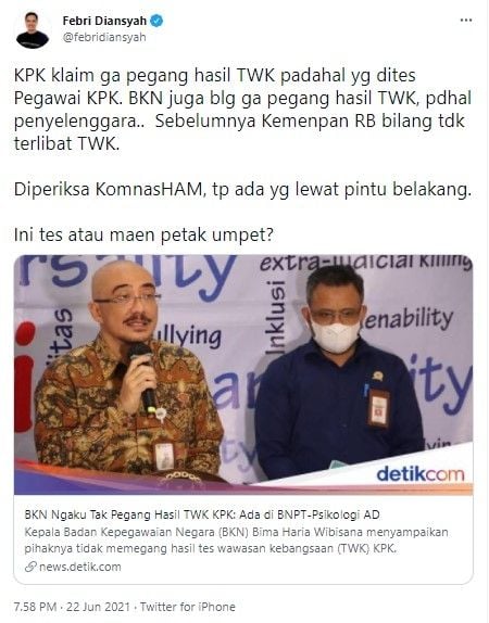 Febri Diansyah bingung TWK itu tes atau main petak umpet (Twitter)