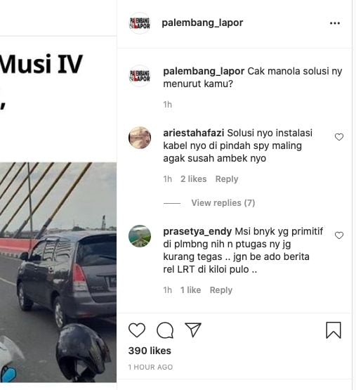 Komentar netizen soal kehilangan kabel di jembatan Musi VI [instagram]