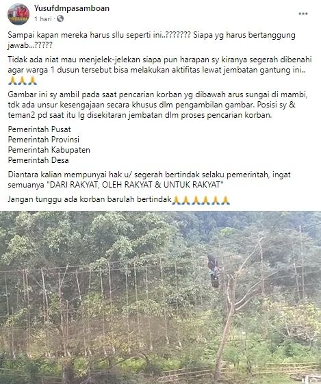 Video Wanita Bertaruh Nyawa Bergantungan di Jembatan Rusak. (Facebook/Yusufdmpasamboan)