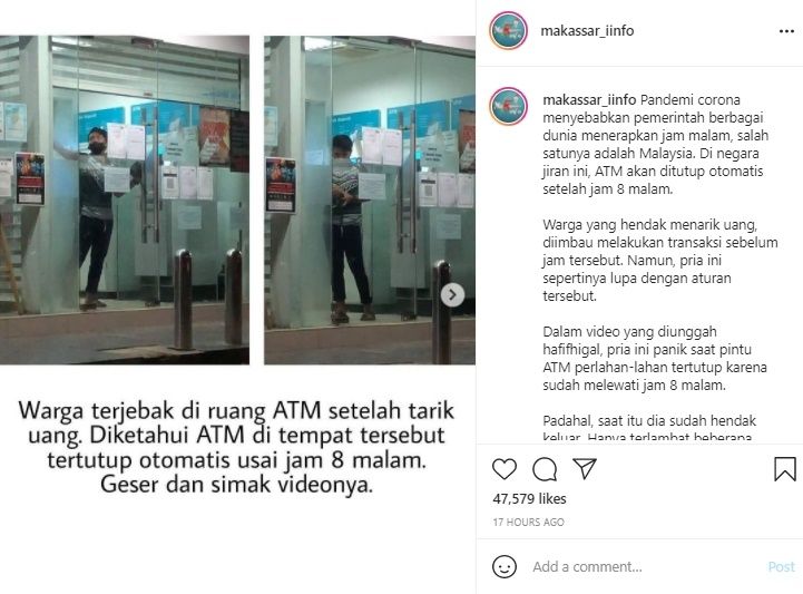 Detik-detik Pria Terkunci di ATM Saat Jam Malam. (Instagram/@makassar_iinfo)