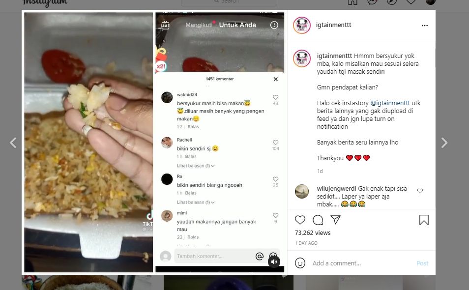 Ngomel Usai Beli Nasi Goreng di Warung, Wanita Ini Malah Balik Diskakmat Warganet. (Instagram/@igtainmenttt)
