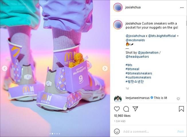 Sneakers yang terbuat dari kemasan BTS Meal. (Instagram/@josiahchua)