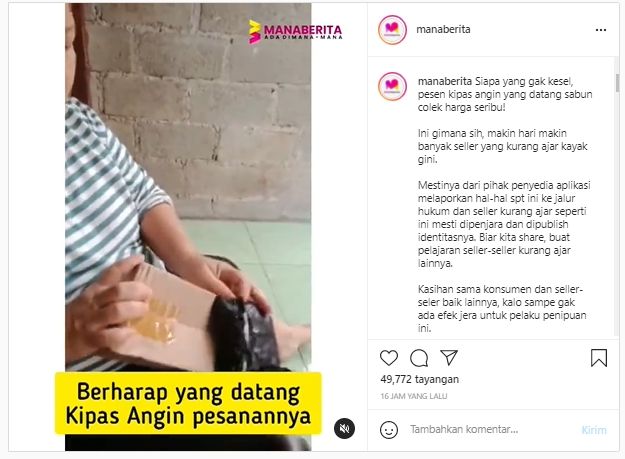 Paket belanja dibanting, emak-emak kecewa pesan kipas angin yang datang sabun colek (Instagram/manaberita).