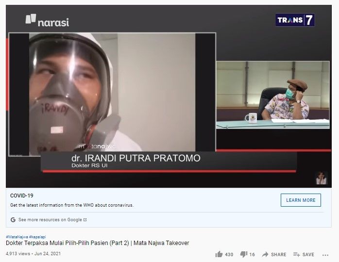 Dokter spesialis paru RS UI Depok, dr Irandi Putra Pratomo (Youtube/matanajwa)