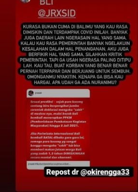 Insta Story komika Oki Rengga yang jengkel terhadap pernyataan Jerinx. [Oki Rengga / Instagram]