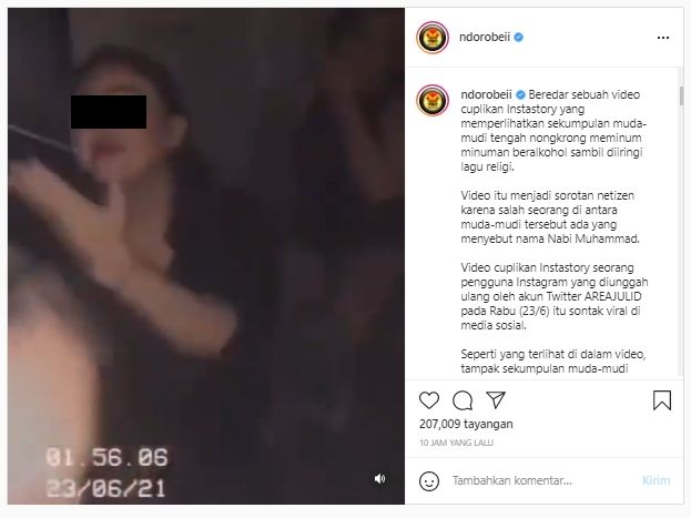 Viral muda-mudi minum alkohol diiringi lagu Islami, Nabi Muhammad ikut disebut (Instagram/ndorobeii).