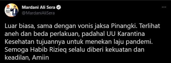 Mardani PKS soal vonis Habib Rizieq (Twitter).