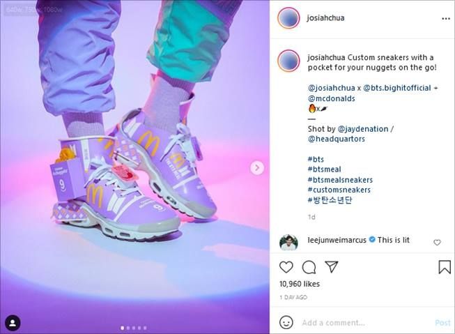 Sneakers yang terbuat dari kemasan BTS Meal. (Instagram/@josiahchua)