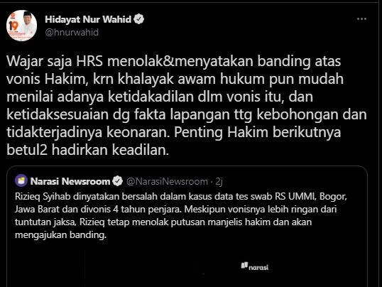 Cuitan Hidayat Nur Wahid. (Twitter/hnurwahid)