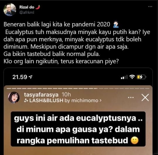 Pendapat minum air eucalyptus. (Twitter/@afrkml)