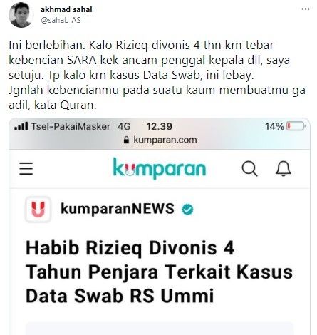 Gus Sahal nilai vonis Rizieq 4 tahun penjara terlalu berlebihan (Twitter/sahal_as)