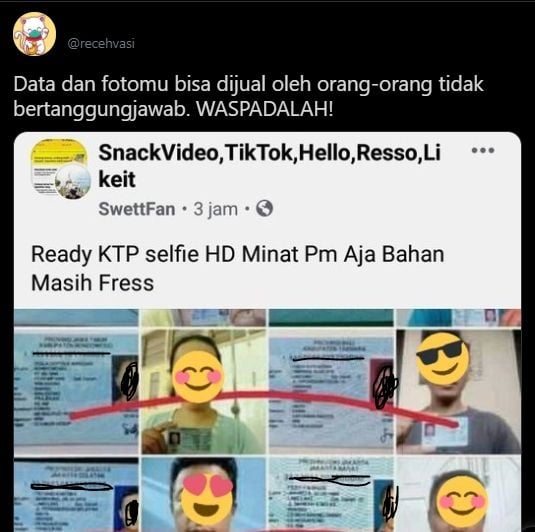 Viral foto selfie KTP dijual bebas di media sosial. (Twitter/@recehvasi)