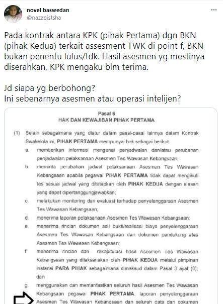 Novel Baswedan komentari polemik hasil TWK yang jadi misteri (Twitter)