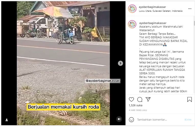 Viral Bapak Kayuh Kursi Roda Puluhan Km, Jualan Alat Rumah Tangga Demi Nafkahi Keluarga (Instagram/ayoberbagimakassar).