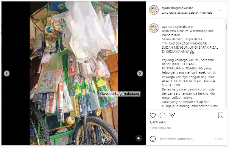 Viral Bapak Kayuh Kursi Roda Puluhan Km, Jualan Alat Rumah Tangga Demi Nafkahi Keluarga (Instagram/ayoberbagimakassar).