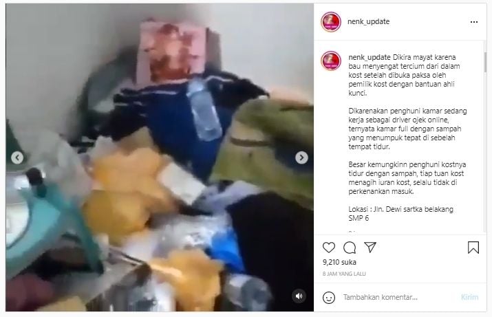 Pemilik Kos Buka Paksa Kamar Driver Ojol karena Tercium Bau Menyengat, Pas Dibuka Sampah Menggunung (Instagram).