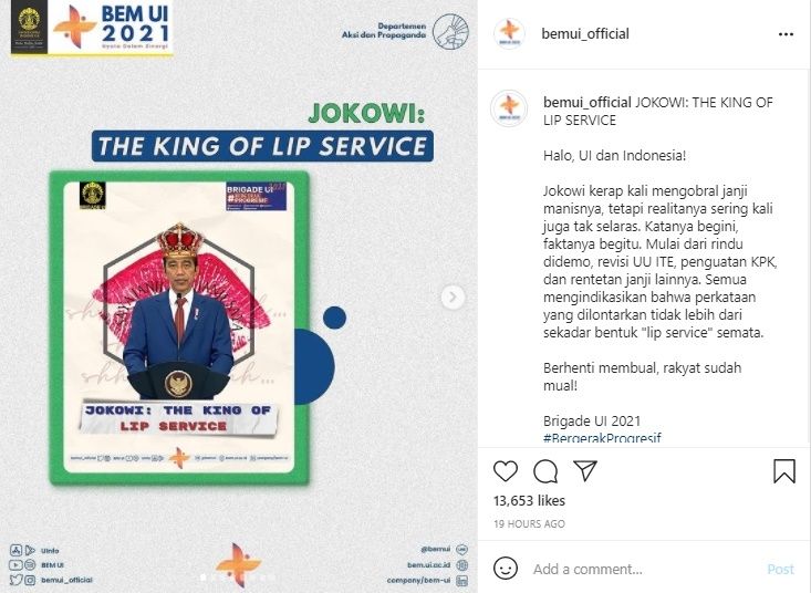 BEM UI Kritik Jokowi 'The King of Lip Service'. (Instagram/@bemui_official)