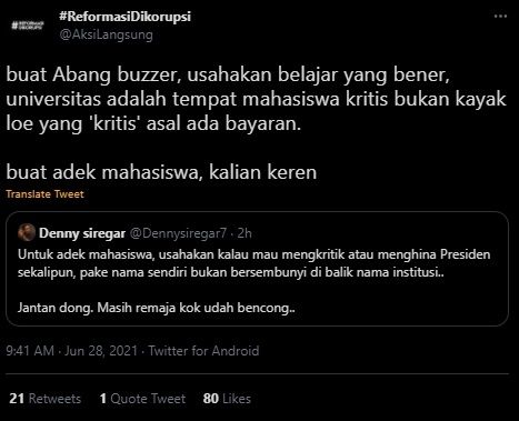 Denny Siregar Dijuluki 'Abang Buzzer' Yang Kritis Asal Ada Bayaran. (Twitter/@AksiLangsung)