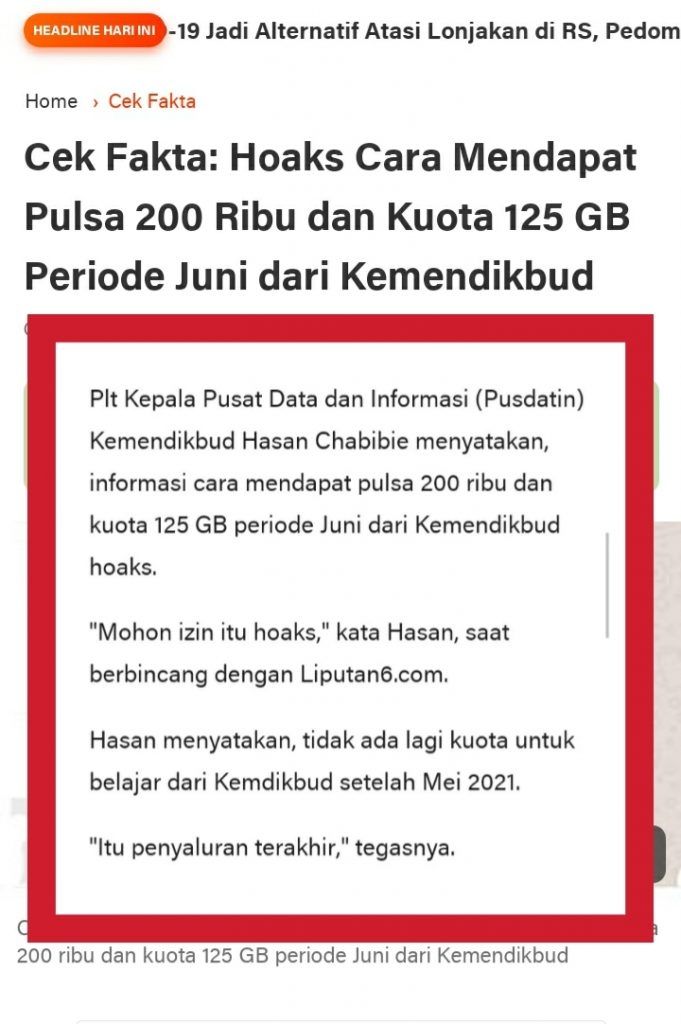 Fakta bantuan pulsa dan kuota internet periode Juni (Turnbackhoax.id)