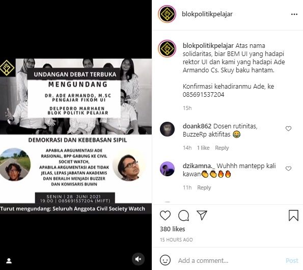 Ade Armando Diundang Debat Terbuka. (Instagram/@blokpolitikpelajar)