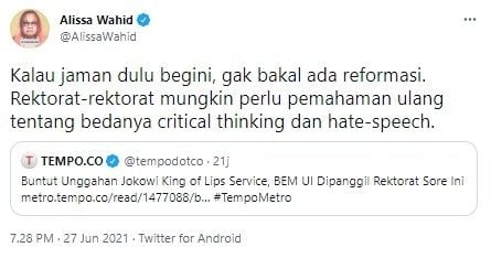 Komentar Alissa Wahid soal rektorat panggil BEM UI (Twitter)