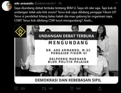 Jawaban Ade Armando Ditantang Debat Terbuka soal BEM UI. (Twitter/@adearmando1)