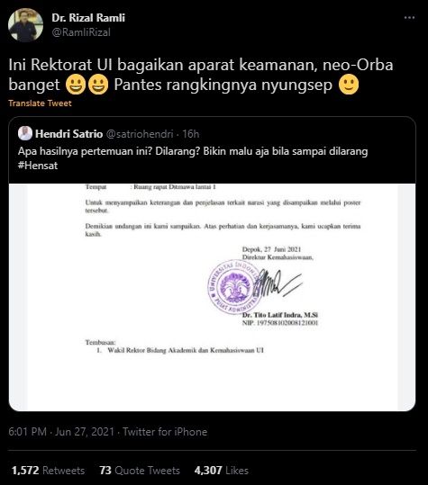 Rizal Ramli Kritik Tajam Rektorat UI. (Twitter/@RamliRizal)