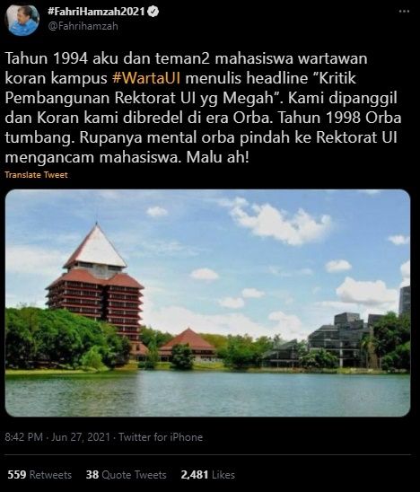 Fahri Hamzah Kritik Rektorat UI. (Twitter/@Fahrihamzah)