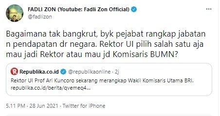 Fadli Zon komentari rektor UI rangkap jabatan (Twitter)