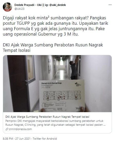 Uki kritik Pemprov DKI minta sumbangan ke rakyat untuk perabotan rusun (Twitter)