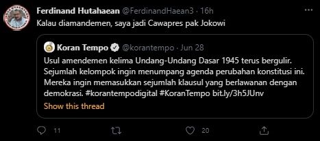 Ferdinand Hutahaean Siap Jadi Cawapres Jokowi. (Twitter/@FerdinandHaean3)