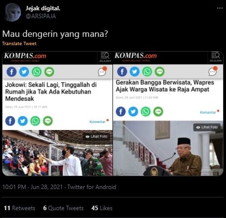 Perbedaan Pernyataan Jokowi dan Ma'ruf Amin. (Twitter/@ARSIPAJA)