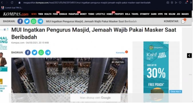 CEK FAKTA Benarkah ke Masjid Tak Perlu Pakai Masker dan Jaga Jarak (Turnbackhoax.id).