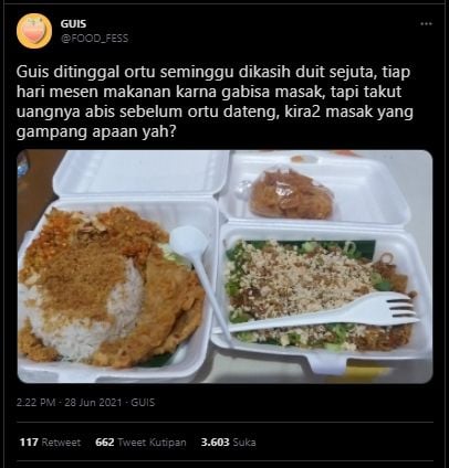 Curhat Seminggu Dikasih Jatah Makan Ortu Sejuta, Kisah Warganet Ini Jadi Sorotan. (Twitter/@FOOD_FESSS)