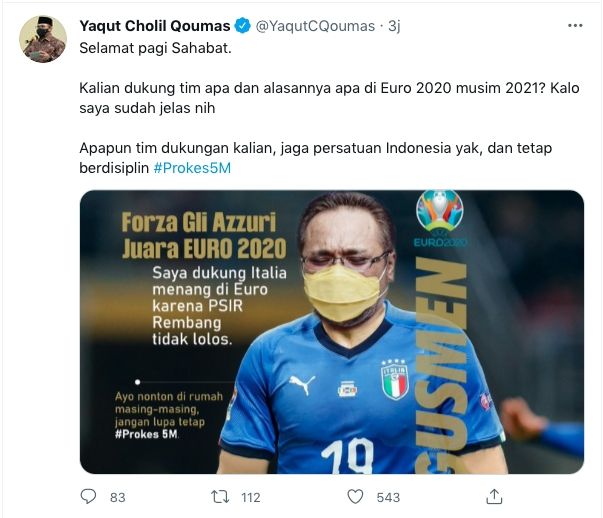 Utasan Gus Yaqut mendukung Italia di Euro 2020. [Twitter]