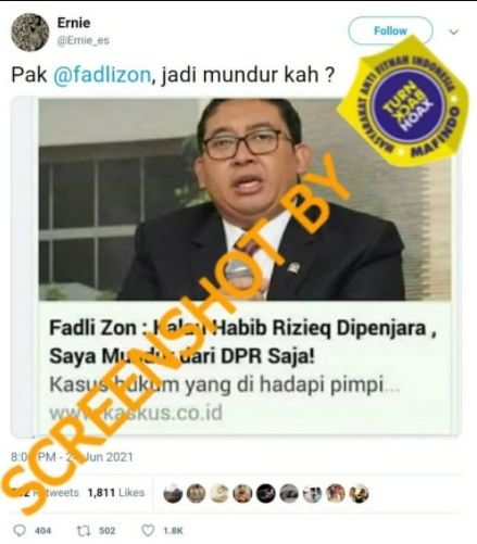 CEK FAKTA Benarkah Fadli Zon Siap Mundur dari DPR Jika Habib Rizieq Dipenjara. (Turnbackhoax.id)