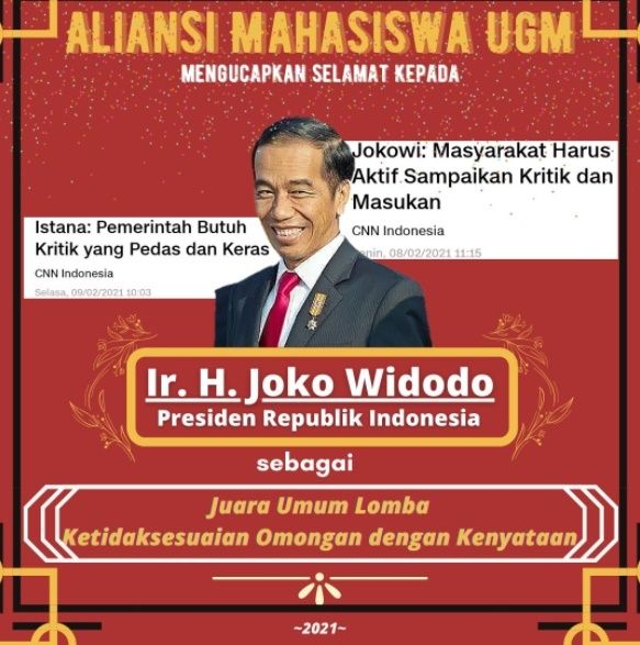 Jokowi Diberi Gelar Juara Baru oleh Aliansi Mahasiswa UGM. (Twitter/@UGMBergerak)