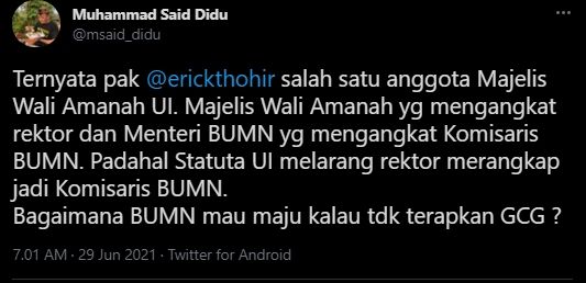 Said Didu bongkar hubungan Erick Thohir dengan Rektor UI. (Twitter/msaid_didu)