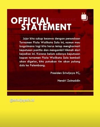 Pernyataan Sriwijaya FC atas penundaan Piala Wali Kota Solo [Ist]