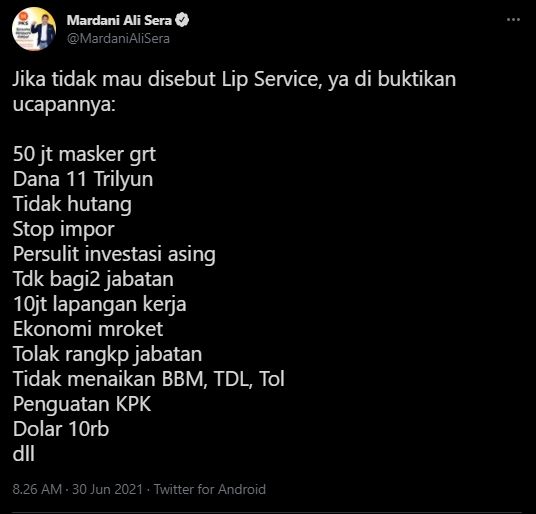 Cuitan Mardani Ali Sera. (Twitter/MardaniAliSera)