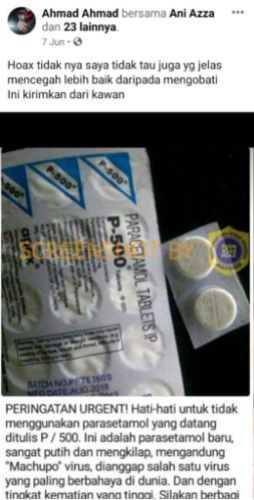 CEK FAKTA Paracetamol P-500 Mengandung Virus Machupo. (Turnbackhoax.id)