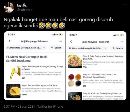 Pesan nasi goreng racikan sendiri. (Twitter/@suhschat)