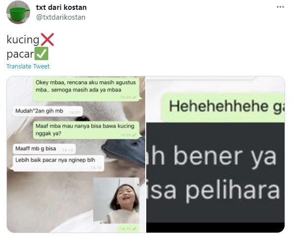 Tak Boleh Bawa Kucing, Ibu Kos Ini Malah Izinkan Pacar Menginap (twitter.com/txtdarikostan)