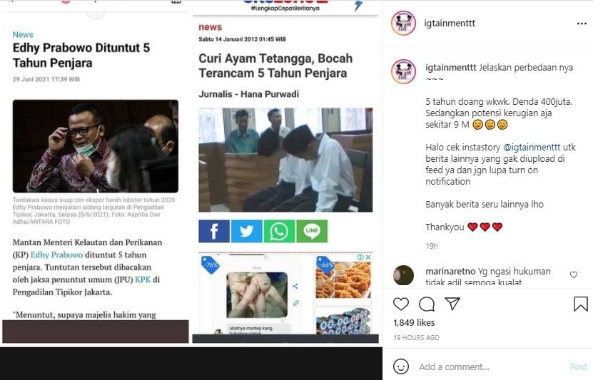 Tuntutan Hukuman Edhy Prabowo Setara dengan Bocah Pencuri Ayam Tetangga. (Instagram/@igtainmenttt)